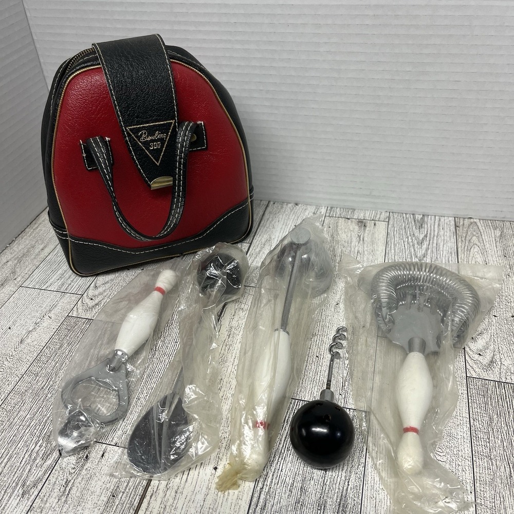 VTG Bowling 300 Bar‎ Set Cocktail Tools Pin & Ball Handles Mini Bag MCM NOS